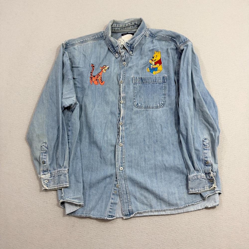 Vintage Disney Denim Shirt 2XL Winnie the Pooh Tigger Eeyore Embroidered 90s